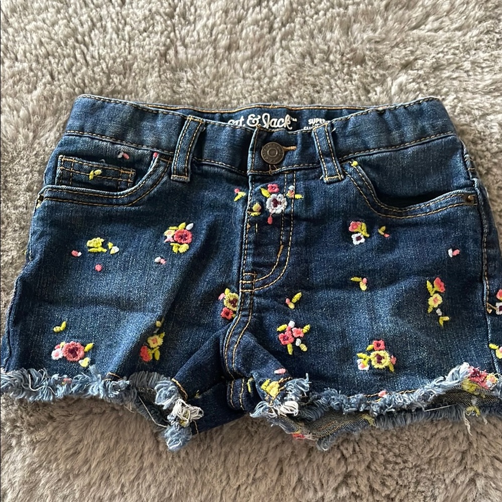 🌈 Cat & Jack Kids' Denim Shorts Sz 5 Blue Embroidered Floral Summer